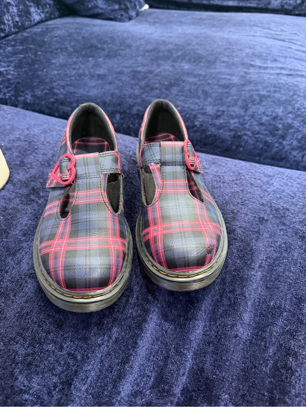 Dr. Martens Kids Red and Black Plaid Mary Jane Shoes